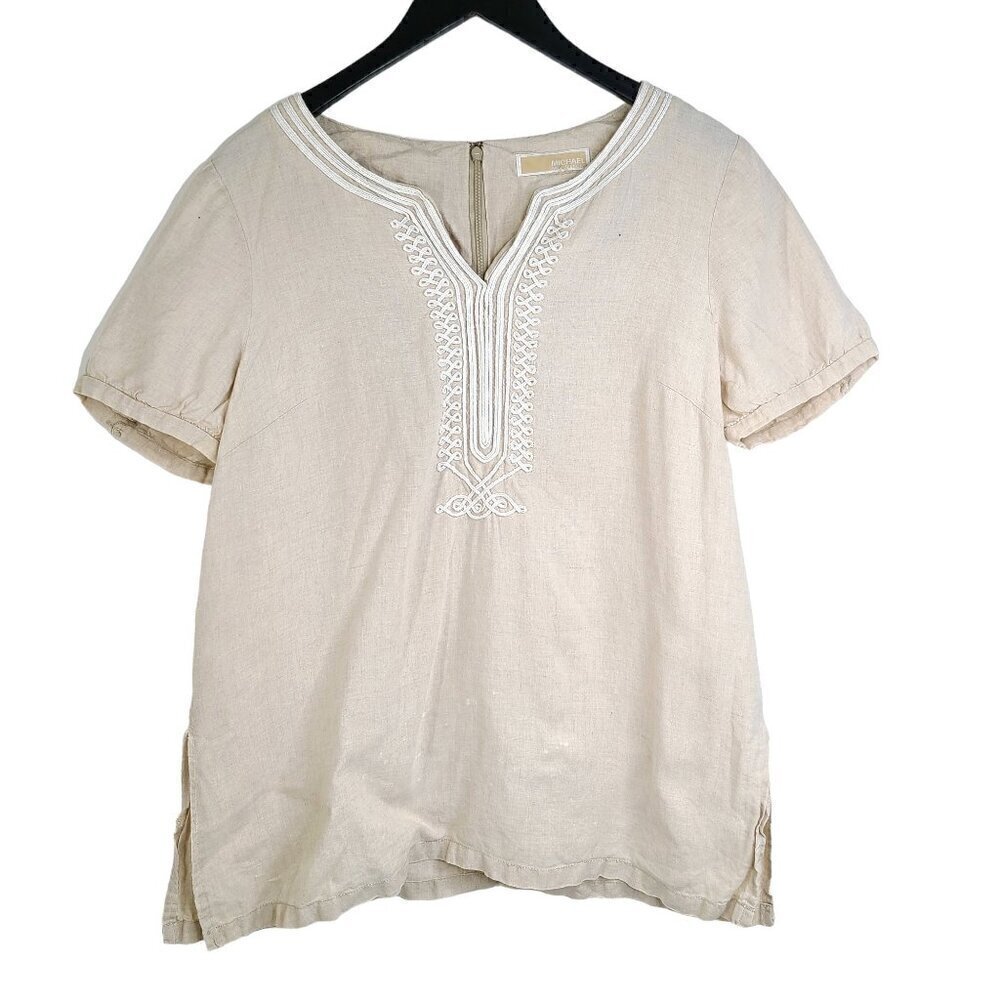 Michael Kors Tan Beige Embroidered 100% Linen V Neck Tunic Top